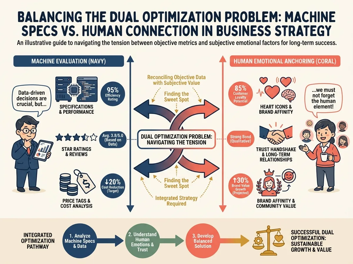 Dual-axis optimization problem: 'Machine Evaluation' side (spec icons, star ratings, price tags) versus 'Human Emotional Anchoring' side (heart icons, trust symbols, brand affinity) connected by a tension arrow in the center
