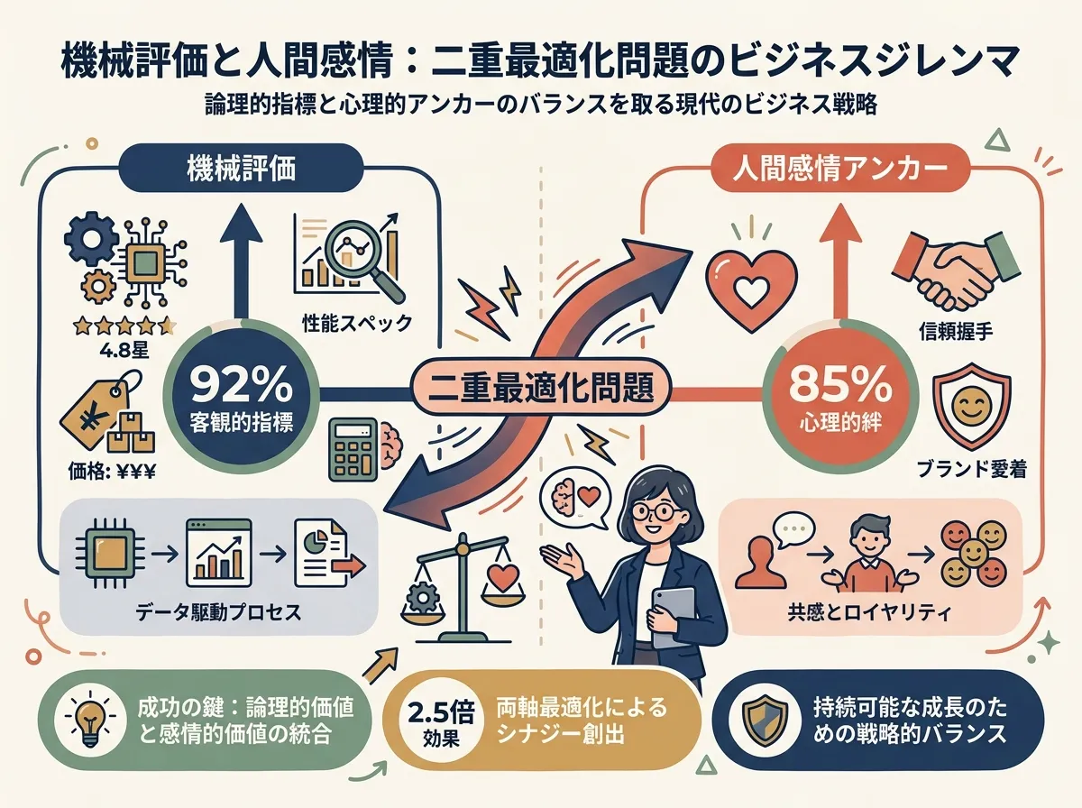 AI 評価軸（スペック・評価・価格）と人間の情緒的アンカリング（信頼・共感・ブランド愛着）の二重最適化問題を示すデュアル軸ダイアグラム